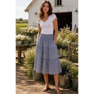 Universal Thread Blue Gingham Tiered Midi Skirt Cotton Elastic Waist M Coastal